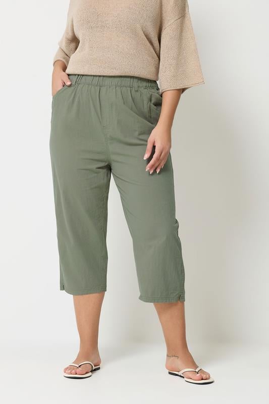  YOURS Curve Green Khaki Cool Cotton Cropped Trousers