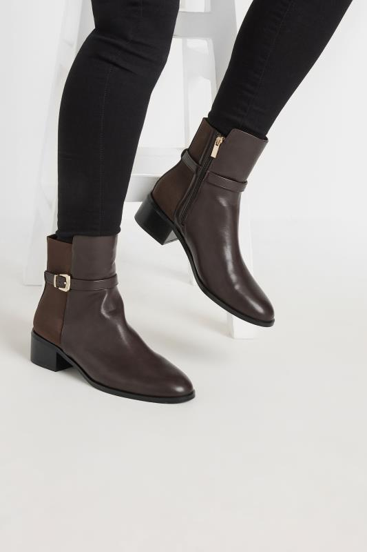 LTS Chocolate Brown Block Heel Buckle Ankle Boots In Standard Fit | Long Tall Sally 1