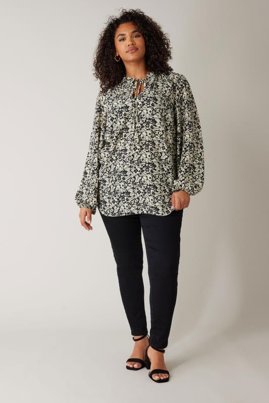 EVANS Plus Size Black Floral Print Tie Neck Blouse | Evans 2