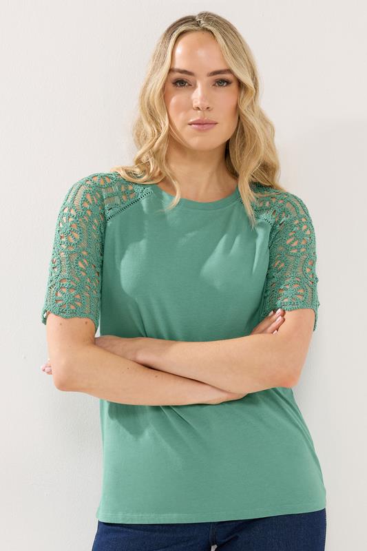 LTS Tall Teal Green Crochet Raglan Cotton T-Shirt