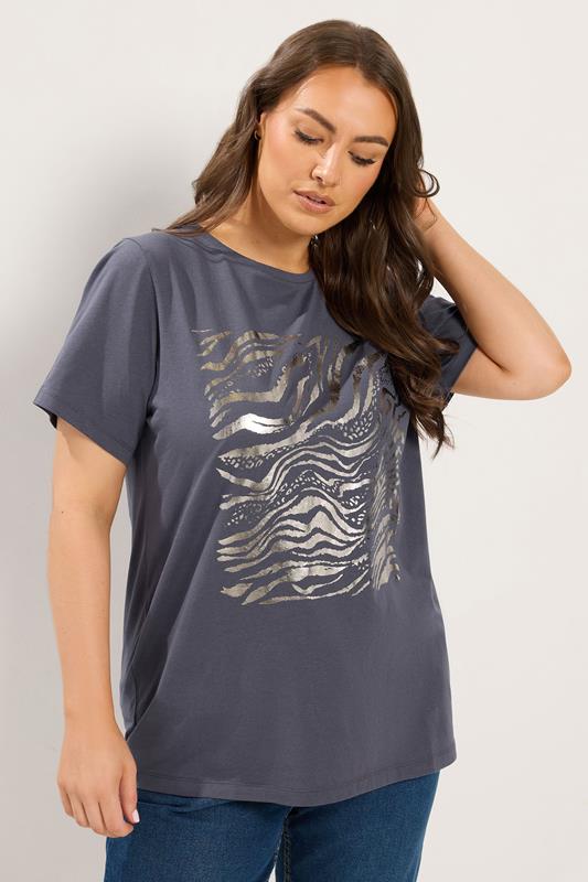 YOURS Plus Size Grey Zebra Foil T-Shirt | Yours Clothing 1