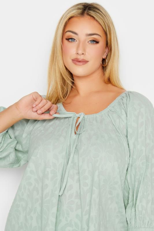 YOURS Plus Size Mint Green Tie Neck Textured Top | Yours Clothing 5