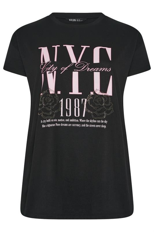 YOURS Plus Size Black 'NYC' Rose Embellished Graphic T-Shirt | Yours Clothing 5