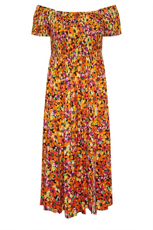 YOURS Plus Size Orange Ditsy Floral Print Shirred Bardot Maxi Dress | Yours Clothing 6