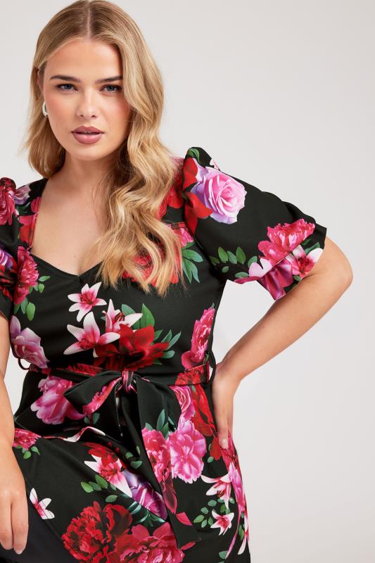 YOURS LONDON Plus Size Black & Pink Floral Print Peplum Top | Yours Clothing 1