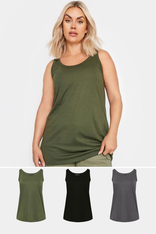 YOURS 3 PACK Curve Khaki Green & Black Core Vest Tops | Yours Clothing 1