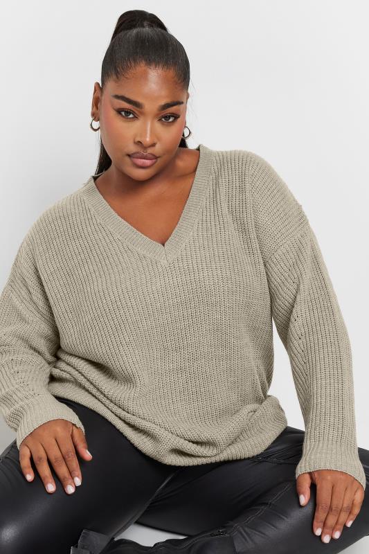 YOURS Plus Size Beige Brown V-Neck Knitted Jumper | Yours Clothing 4