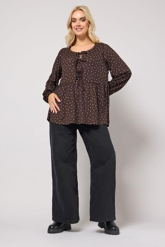 YOURS Plus Size Chocolate Brown Polka Dot Textured Peplum Top | Yours Clothing 1