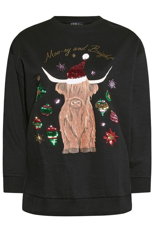 YOURS Plus Size Black Highland Cow Sequin Embellished Novelty Christmas Sweatshirt | Yours Clothing 5