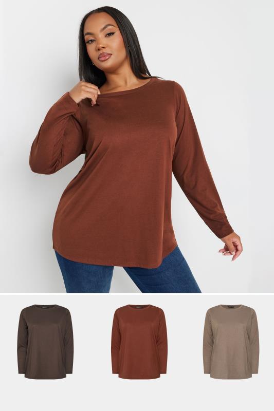 Plus Size  YOURS 3 PACK Curve Brown Long Sleeve T-Shirts