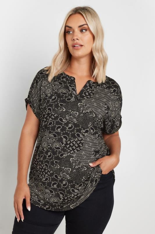 YOURS Plus Size Black Paisley Print Notch Neck Top | Yours Clothing 1