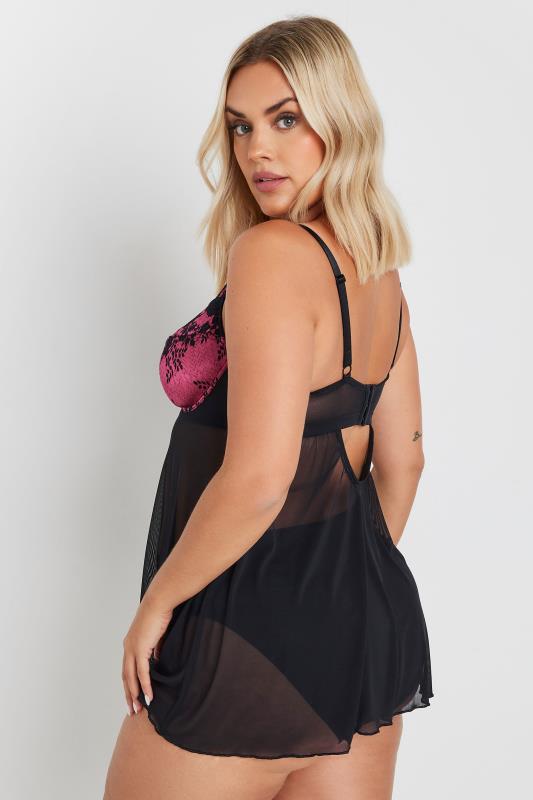 YOURS Plus Size Black & Pink Lace Underwired Babydoll | Yours Clothing 3