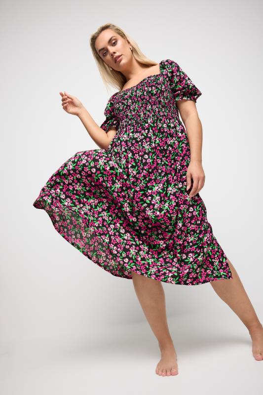 YOURS Plus Size Black & Pink Ditsy Floral Print Shirred Midaxi Dress | Yours Clothing 2