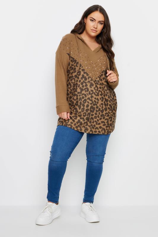 YOURS Curve Brown Leopard Print Embellished Hoodie | Yours Clothing 2