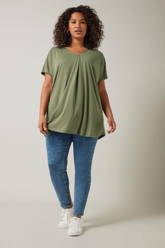 EVANS Plus Size Khaki Green Pleat Front Modal Rich Top | Evans 2