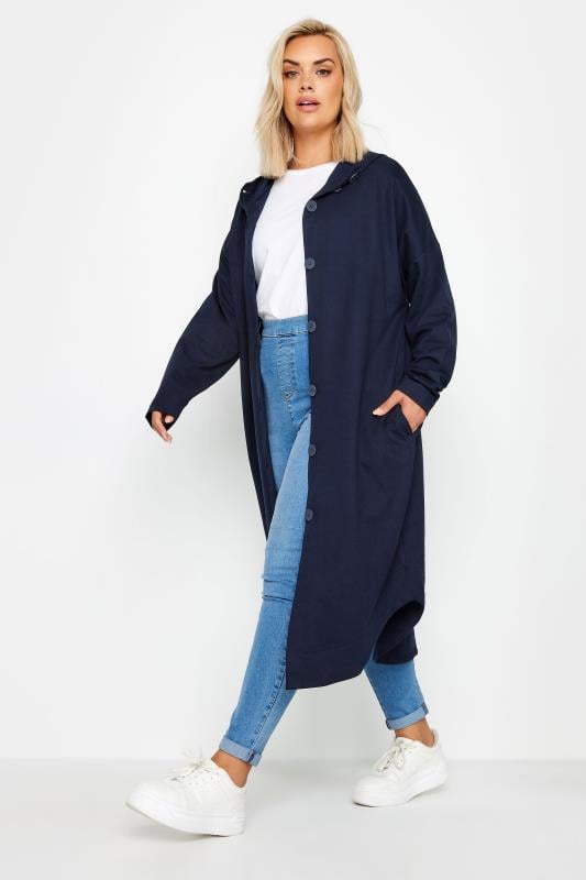 Plus Size  YOURS Curve Navy Blue Button Through Hooded Maxi Jacket