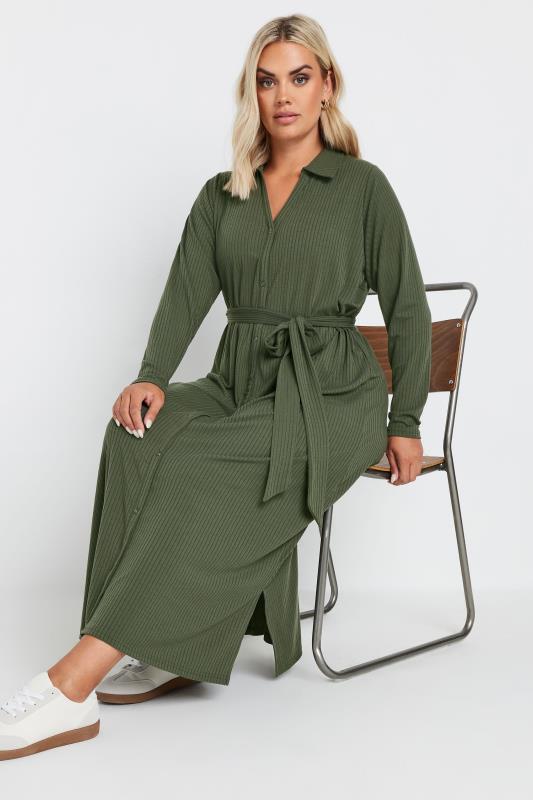 YOURS Plus Size Khaki Green Button Front Ribbed Tie Waist Midi Dress | Yours Clothing 2