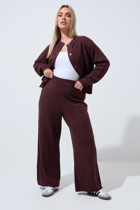 LIMITED COLLECTION Plus Size Chocolate Brown Rose Knitted Wide Leg Trousers | Yours Clothing 1