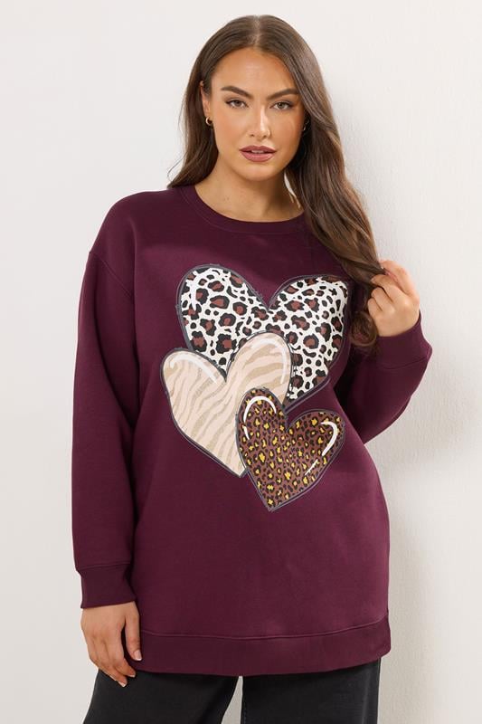  YOURS Curve Burgundy Red Triple Heart Print Sweatshirt