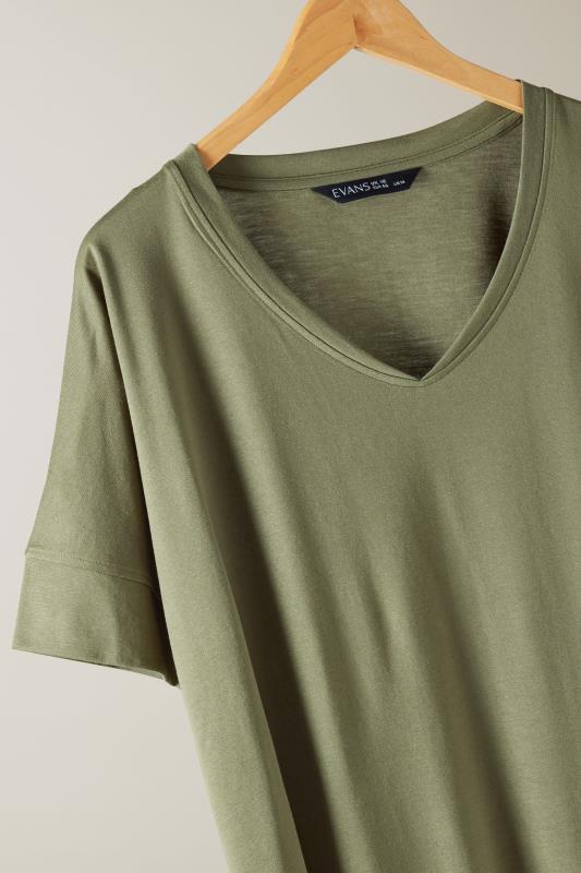 EVANS Plus Size Khaki Green V-Neck Modal Rich T-Shirt | Evans 7