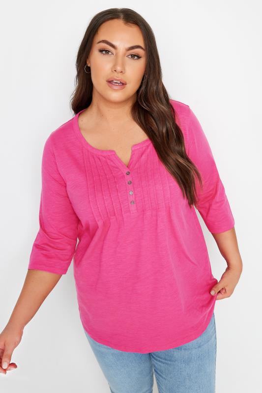 2 PACK Blue & Pink Pintuck Henley Tops | Yours Clothing  3