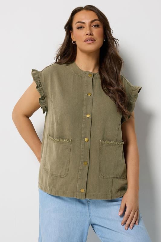 YOURS Curve Khaki Green Denim Waistcoat