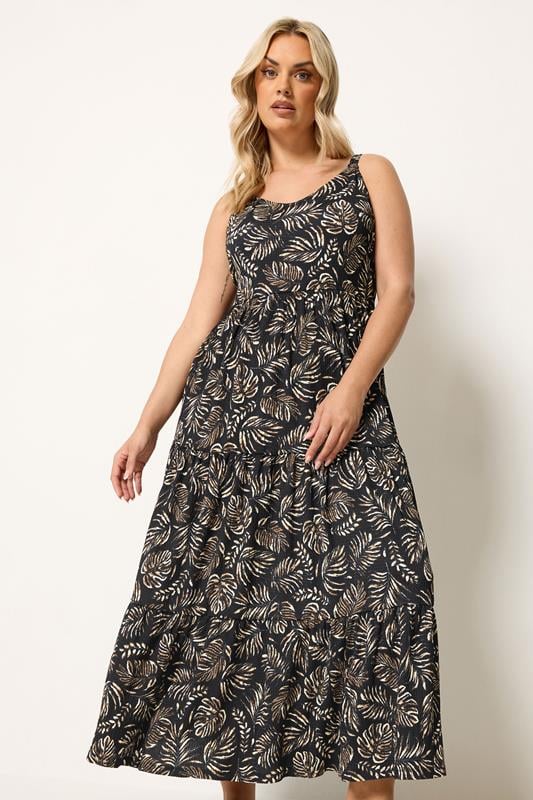  YOURS Curve Black Leaf Tiered Maxi Dress