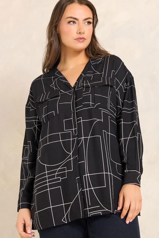 Plus Size  EVANS Curve Black Linear Print Utility Pocket Shirt