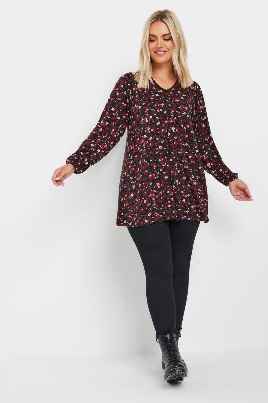 YOURS Curve Burgundy Red Ditsy Floral Swing Top | Yours Clothing 2