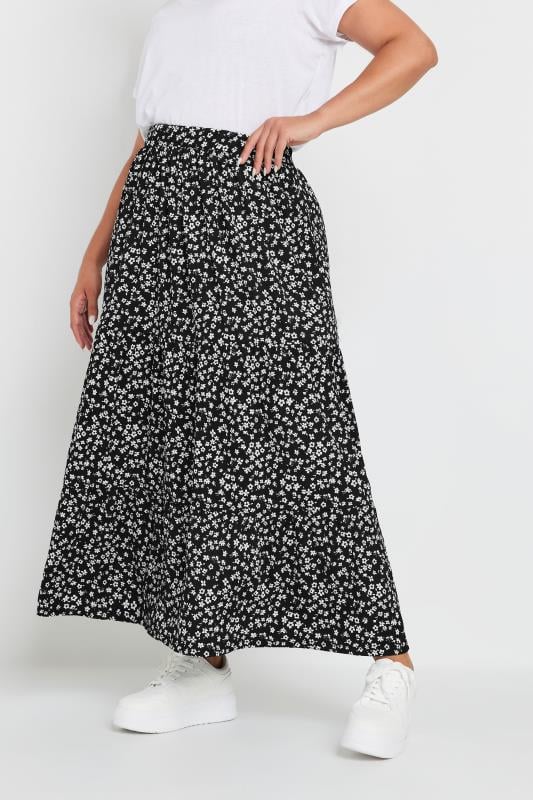 YOURS Plus Size Black Ditsy Floral Tiered Midaxi Skirt | Yours Clothing 1