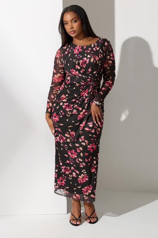 YOURS LONDON Plus Size Black Floral Mesh Side Knot Midi Dress | Yours Clothing 1
