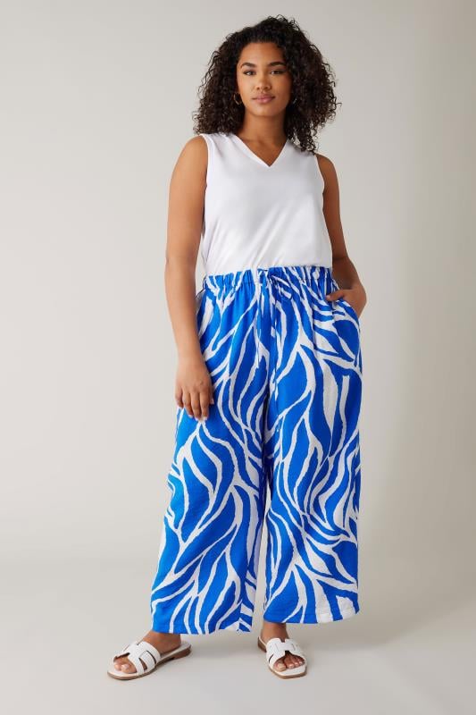 Plus Size  EVANS Curve Blue & White Abstract Print Wide Leg Trousers