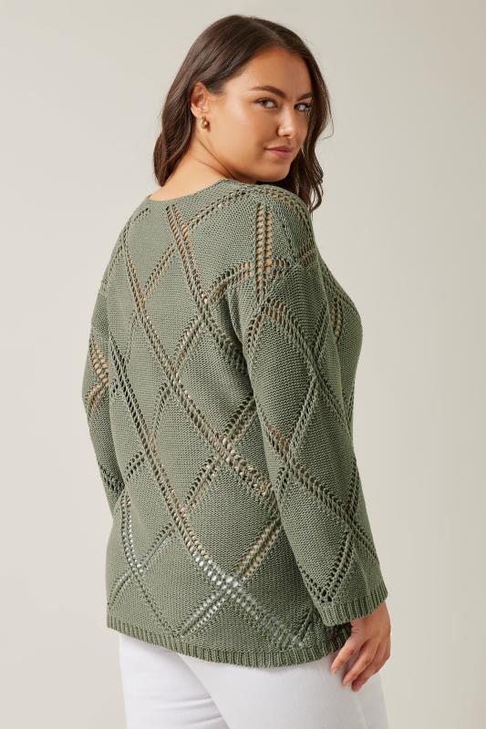 EVANS Plus Size Khaki Green Diamond Pointelle Jumper | Evans 3