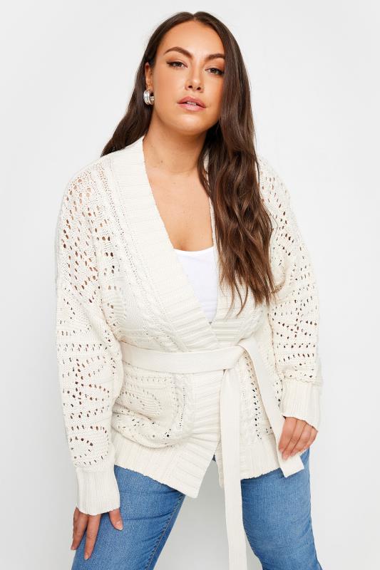 YOURS Plus Size Ivory White Pointelle Belted Cardigan | Yours Clothing 2