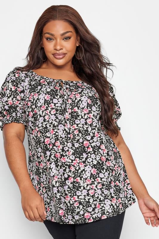 YOURS Plus Size Black & Pink Floral Tie Front Top | Yours Clothing 1