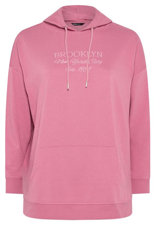 YOURS Plus Size Pink 'Brooklyn' Embroidered Slogan Hoodie | Yours Clothing 6
