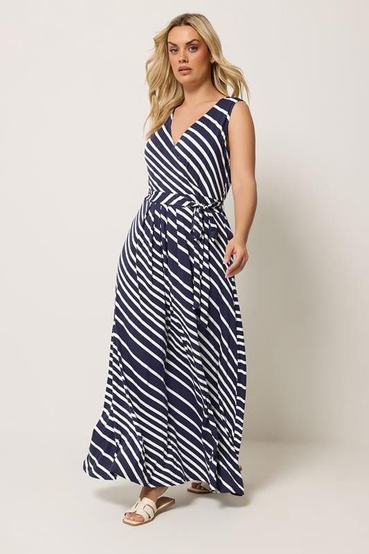 YOURS Curve Blue Strip Sleeveless Wrap Dress