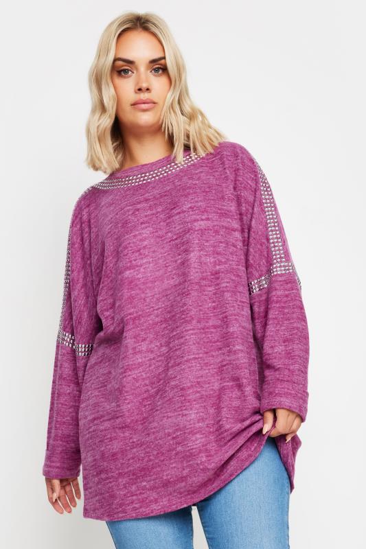 YOURS Curve Purple Marl Stud Neckline Embellished Jumper | Yours Clothing  1