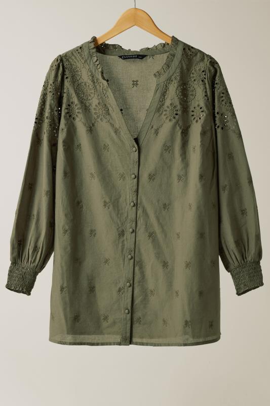 EVANS Plus Size Khaki Green Broderie Cotton Blouse | Evans 5