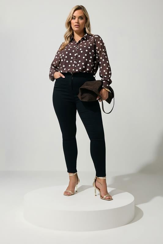YOURS LONDON Plus Size Chocolate Brown Polka Dot Shirt | Yours Clothing 1