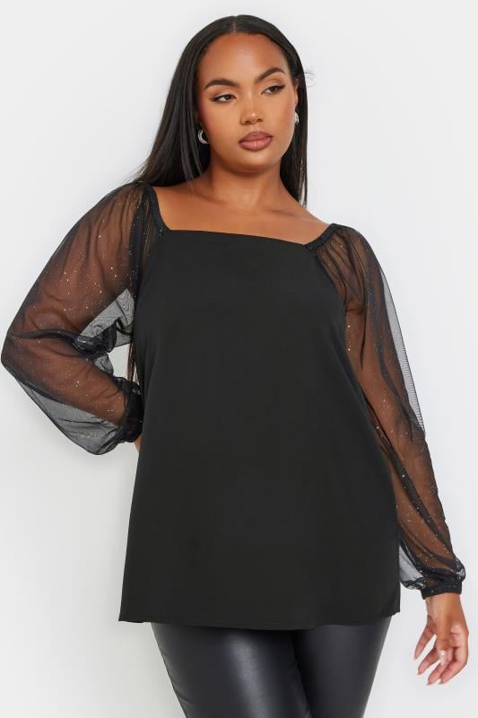 YOURS Plus Size Black Mesh Glitter Sleeve Top | Yours Clothing  1