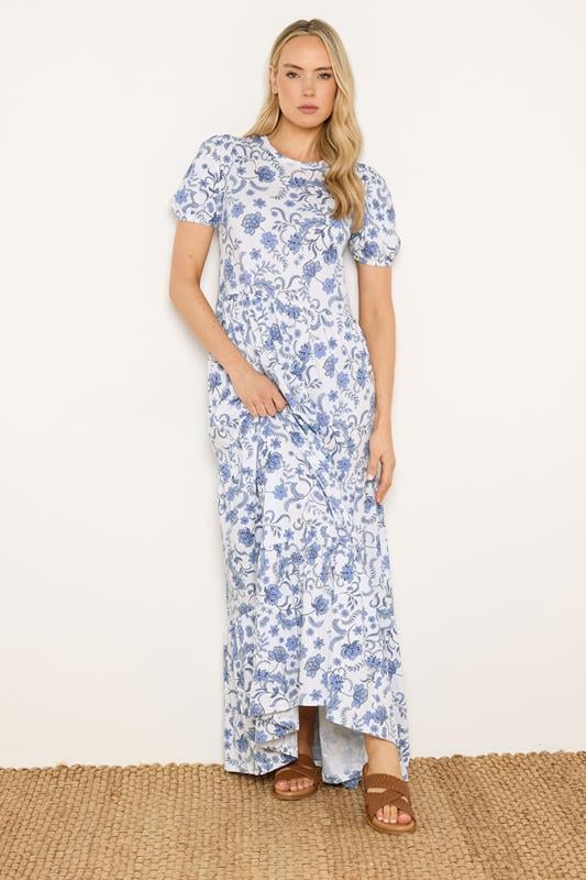 LTS Tall White & Blue Floral Tiered Cotton Maxi Dress