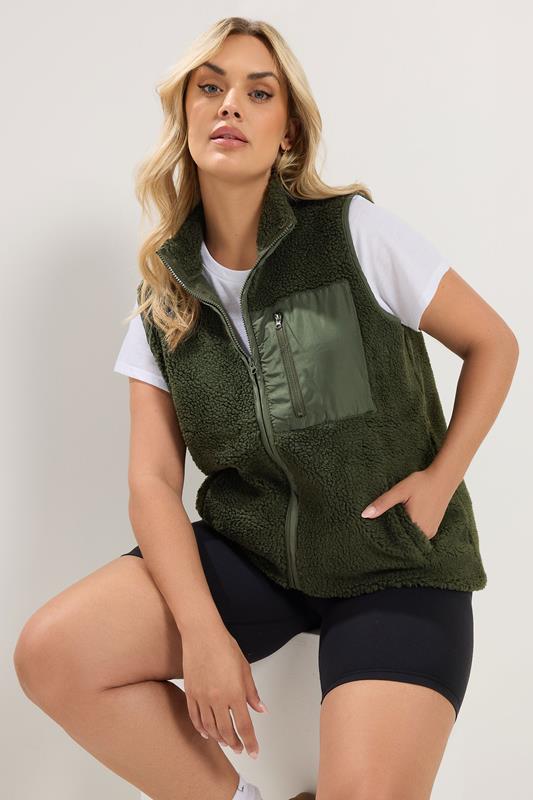 YOURS Curve Khaki Green Borg Zip Pocket Gilet