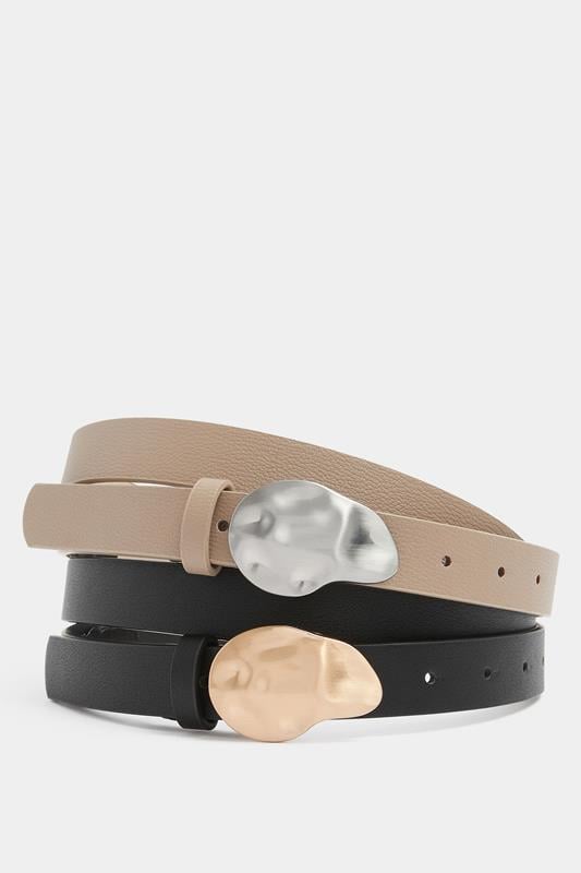 YOURSET 2 PACK Black & Taupe Brown Hammered Detail Belts | Yours Clothing 1
