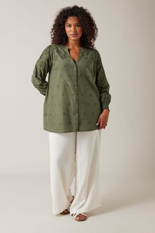 EVANS Plus Size Khaki Green Broderie Cotton Blouse | Evans 2