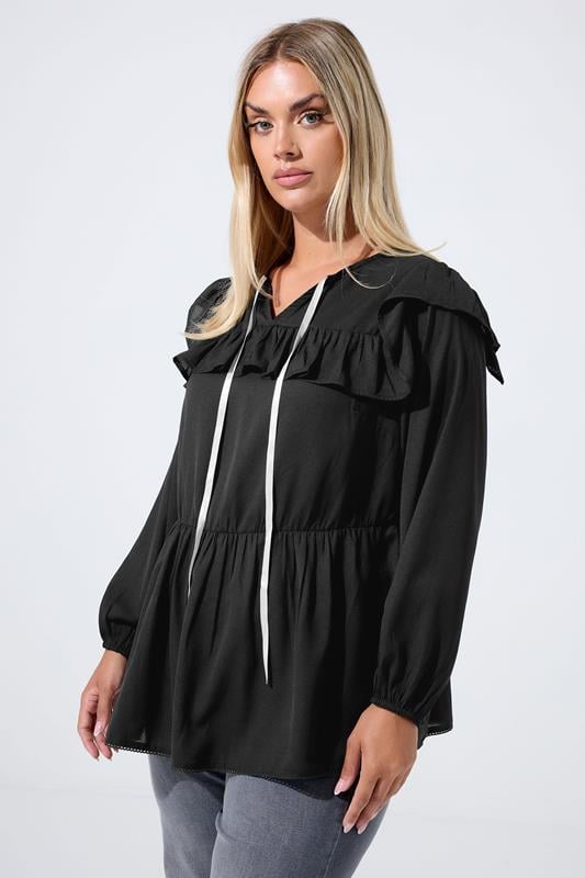 LIMITED COLLECTION Plus Size Black Tie Neck Frill Blouse | Yours Clothing 1