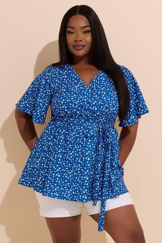 YOURS Plus Size Blue Ditsy Floral Print Wrap Top | Yours Clothing 1