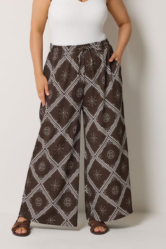  YOURS Curve Chocolate Brown Bandana Print Wide Leg Trousers
