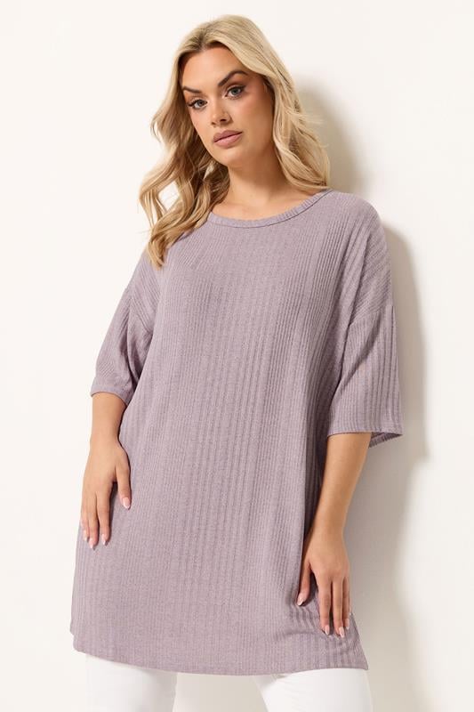 YOURS Plus Size Purple Ribbed Oversize T-Shirt | Yours Clothing 1