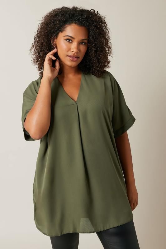 EVANS Plus Size Khaki Green Pleat Front Blouse | Evans 1